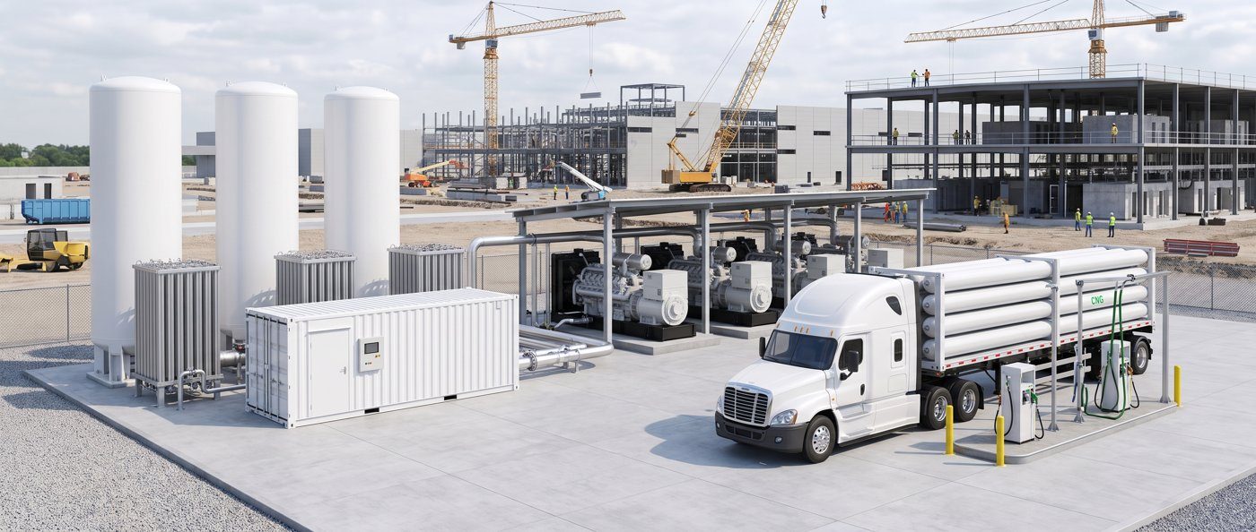 Concept render of a CryoSurge module receiving an LNG trailer delivery at a data center construction site