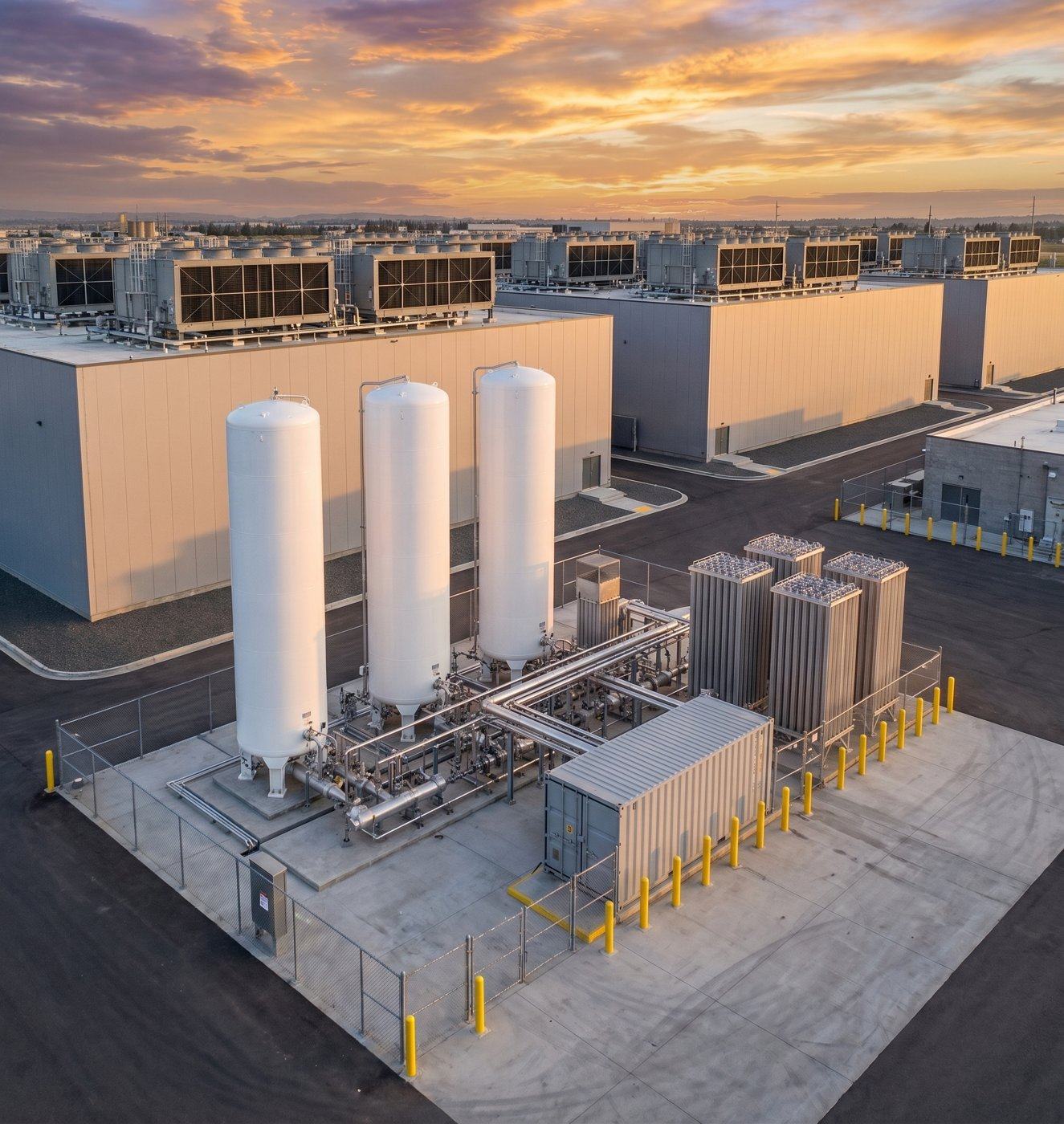 Concept render of CryoSurge LNG storage modules beside a data center campus
